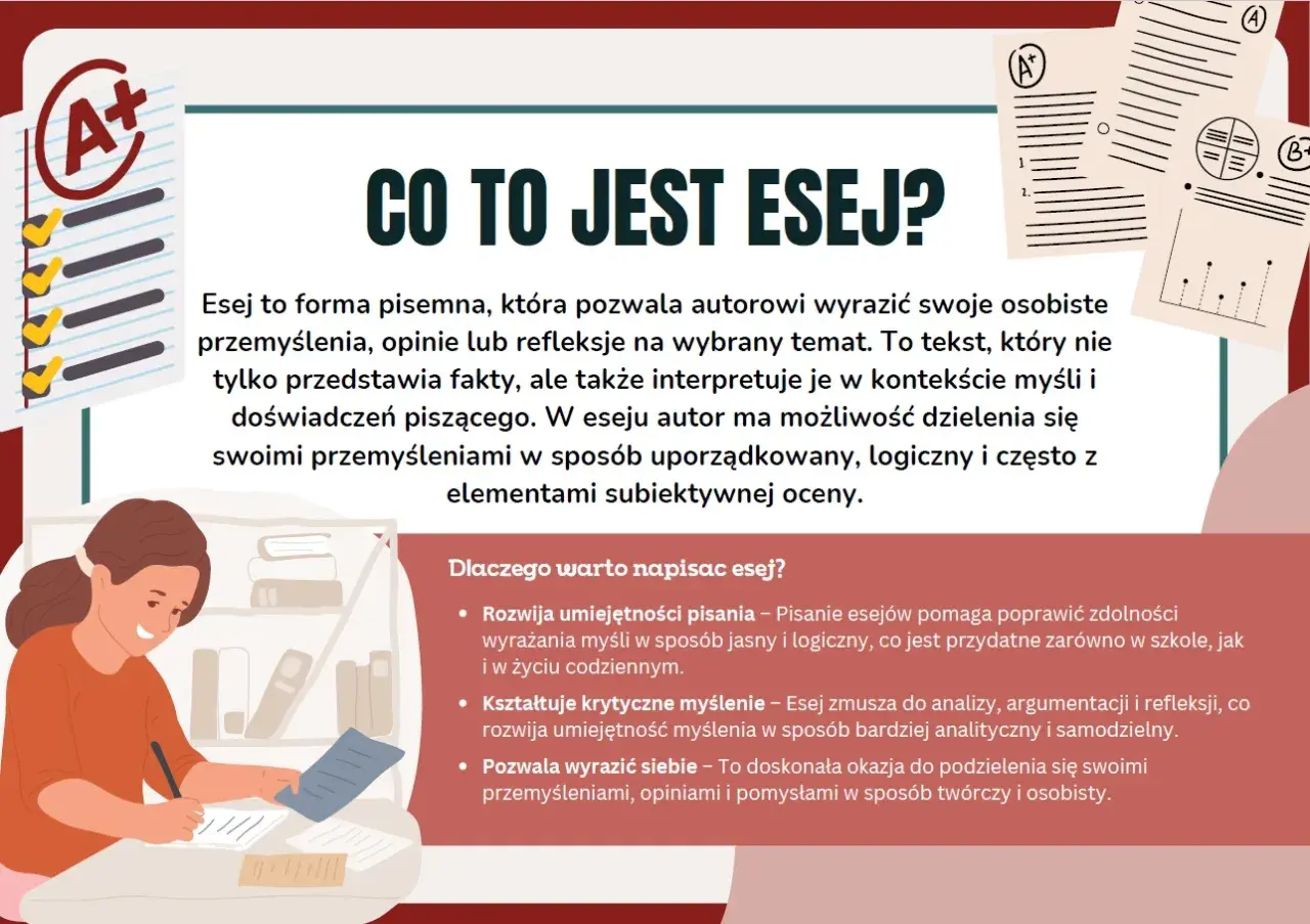 Jak napisać esej? Grafika wyjaśnia, czym jest esej i dlaczego warto go pisać, podkreślając rozwój umiejętności pisania i krytycznego myślenia.