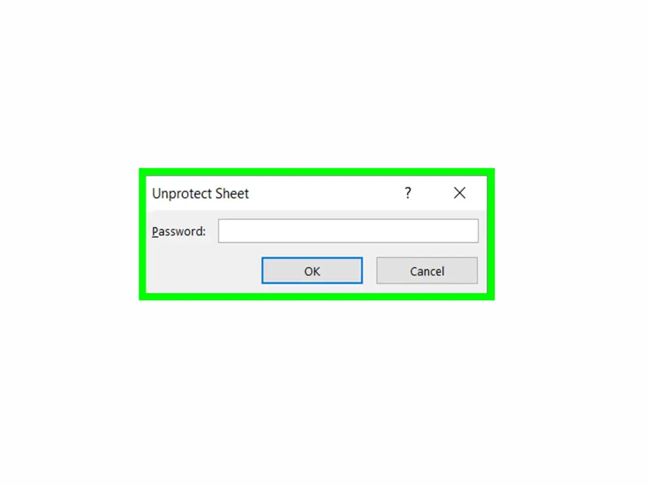 Okno dialogowe "Unprotect Sheet" z polem "Password" do wpisania hasła, aby wyłączyć ochronę arkusza Excel.