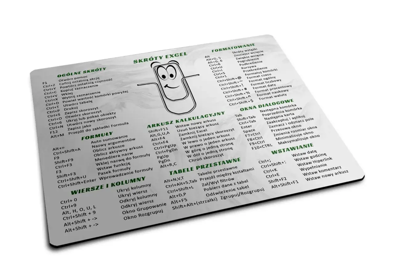Arkusz kalkulacyjny z listą skrótów Excel. Znajdziesz tu pomocne **excel shortcuts cheat sheet** do szybkiej pracy.