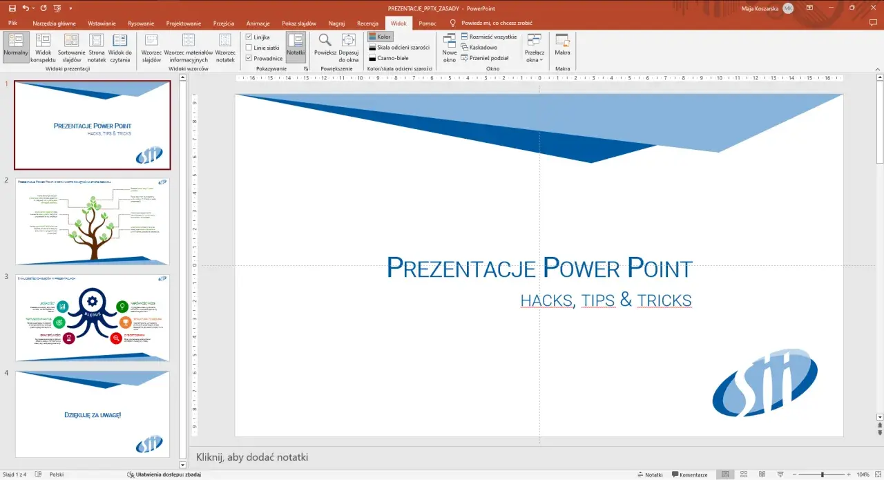 Widok aplikacji do prezentacji PowerPoint z widocznymi slajdami, paskiem narzędzi i menu. Na głównym slajdzie tytuł "PREZENTACJE POWER POINT".