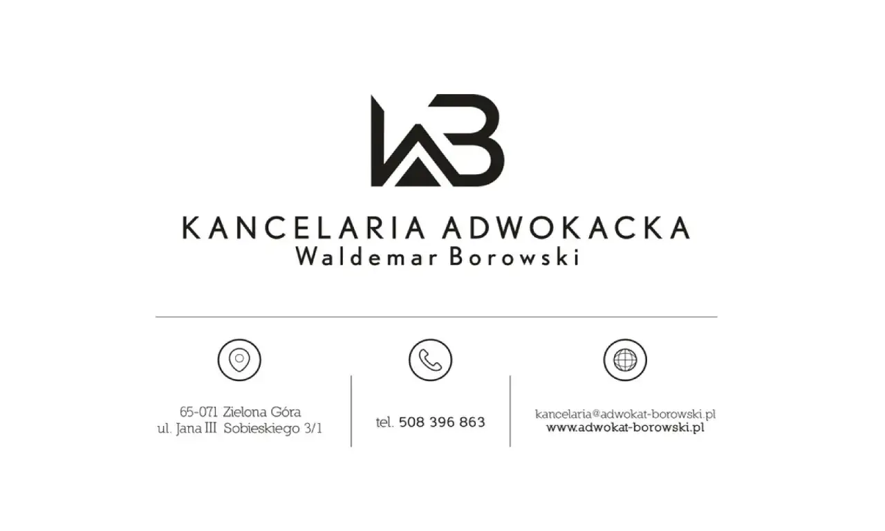 Logo kancelarii adwokackiej z danymi kontaktowymi: adres, telefon, email i strona www.