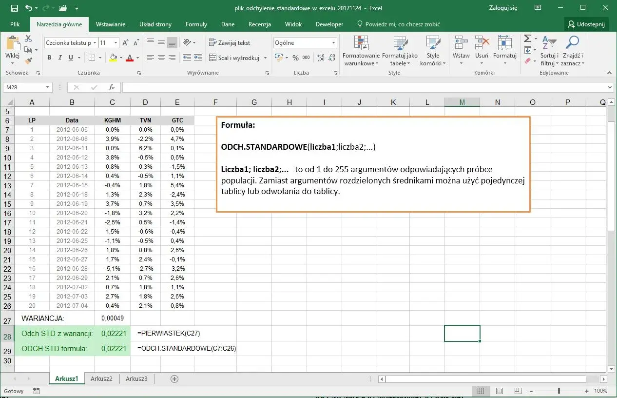 Arkusz Excel z danymi i formułą ODCH.STANDARDOWE, obliczającą odchylenie standardowe dla próby danych.