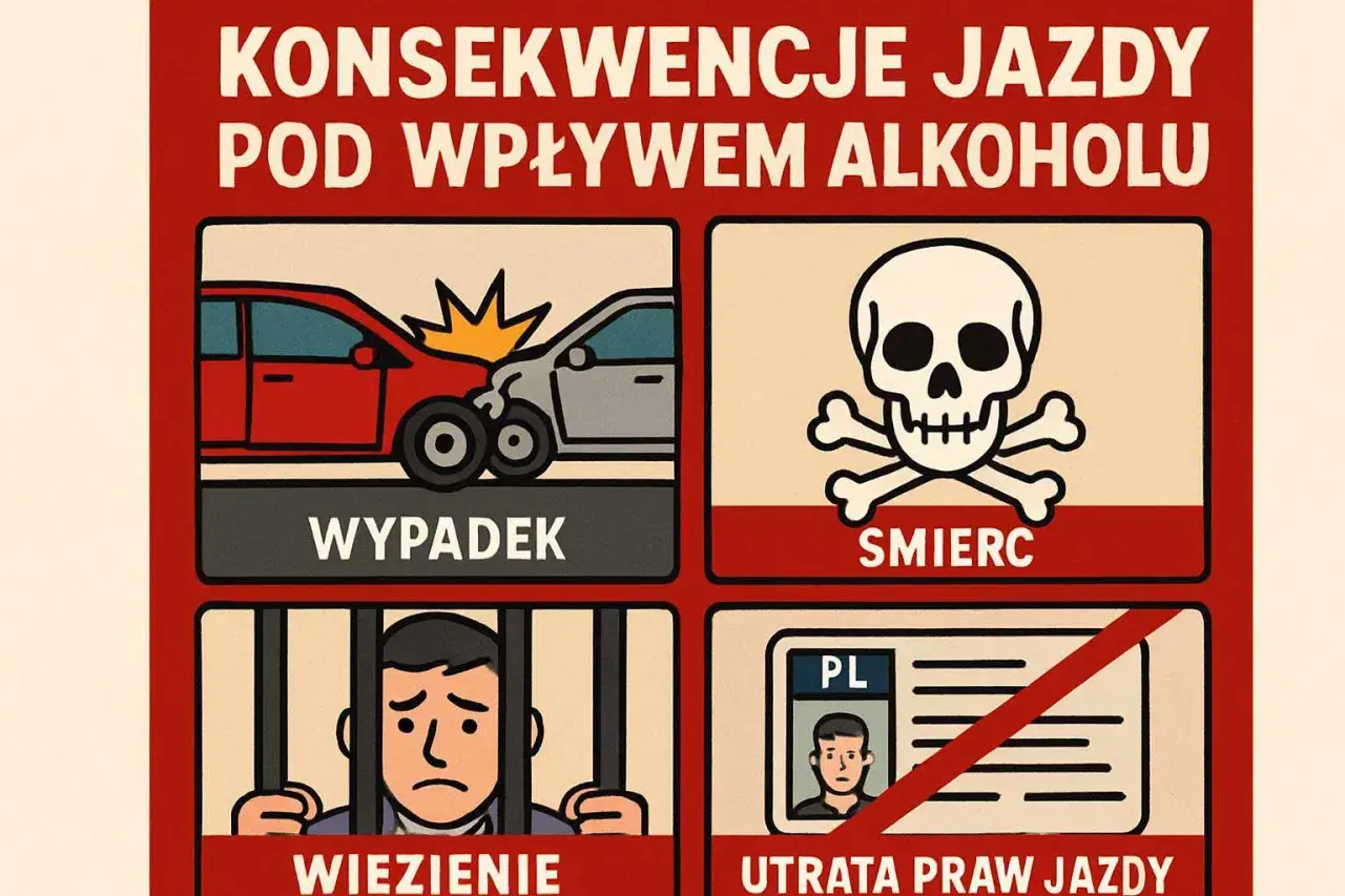 Konsekwencje jazdy pod wpływem alkoholu: wypadek, śmierć, więzienie, utrata prawa jazdy.