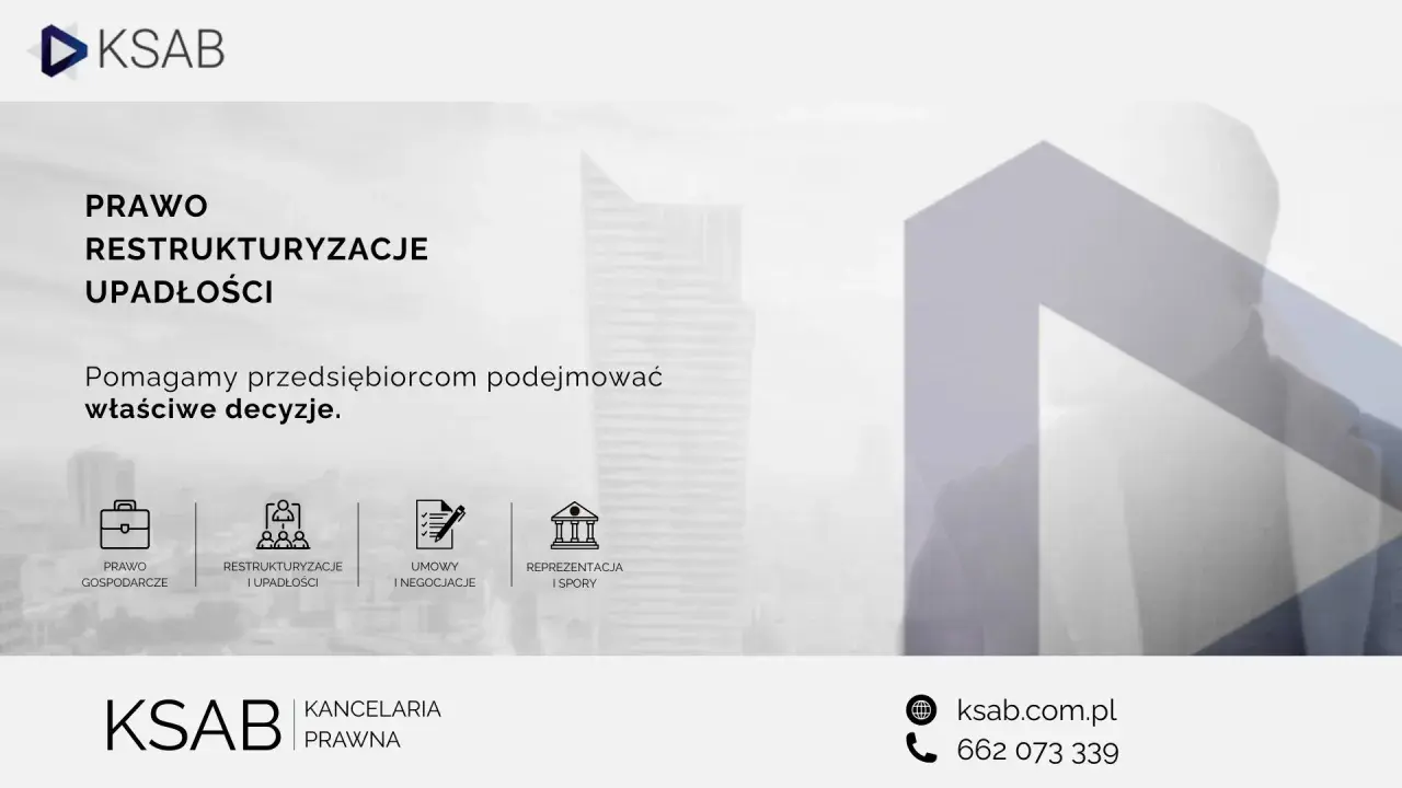 Grafika z ikonami usług prawnych: prawo gospodarcze, restrukturyzacje, umowy, reprezentacja.