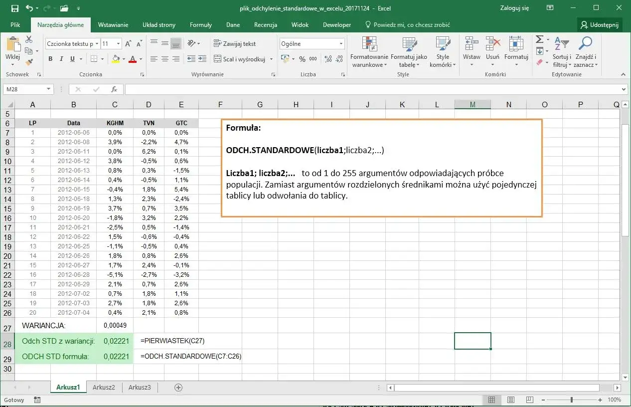 Arkusz Excel z danymi i formułą ODCH.STANDARDOWE. Oblicza odchylenie standardowe dla próby danych.