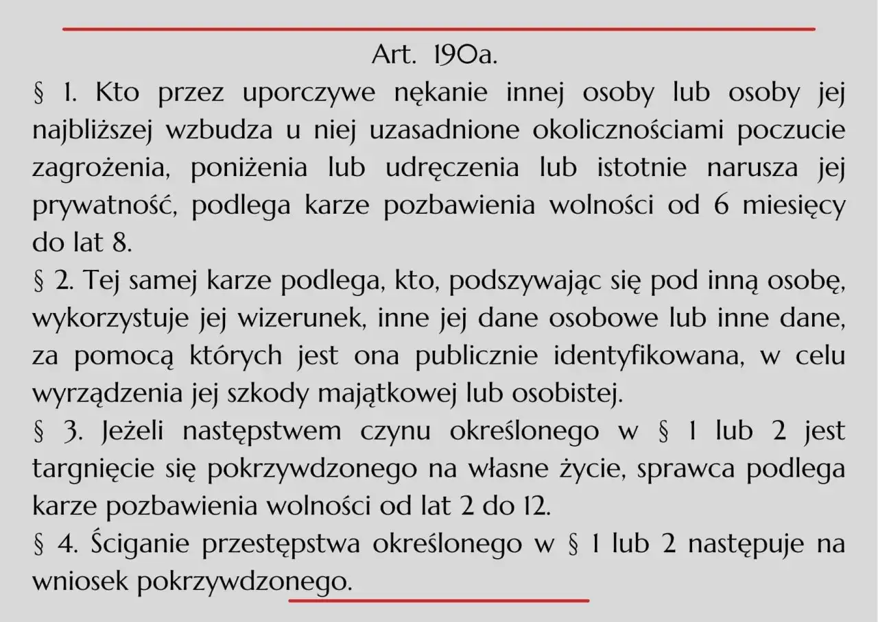 Tekst prawny opisujący stalking: uporczywe nękanie, podszywanie się, naruszenie prywatności, groźba, poniżenie, szkoda.