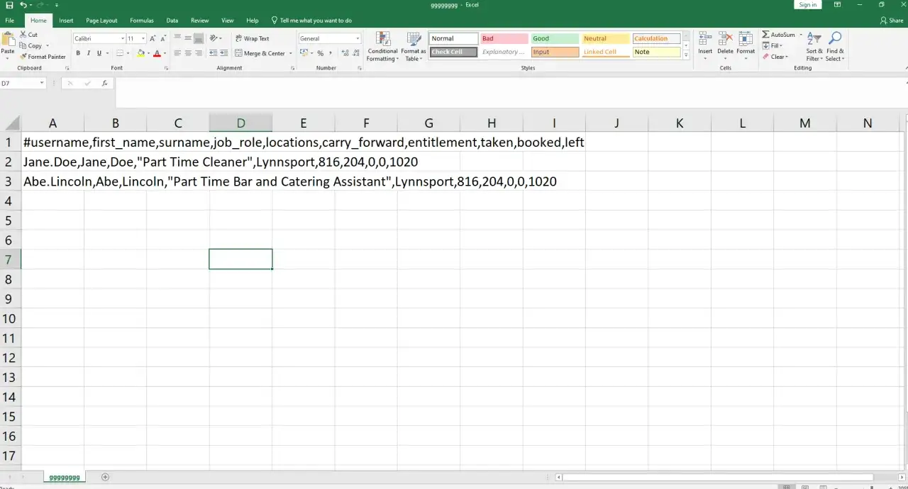 Dane w arkuszu Excel, zawierające informacje o użytkownikach, ich rolach i lokalizacjach, zapisane w formacie plik csv.
