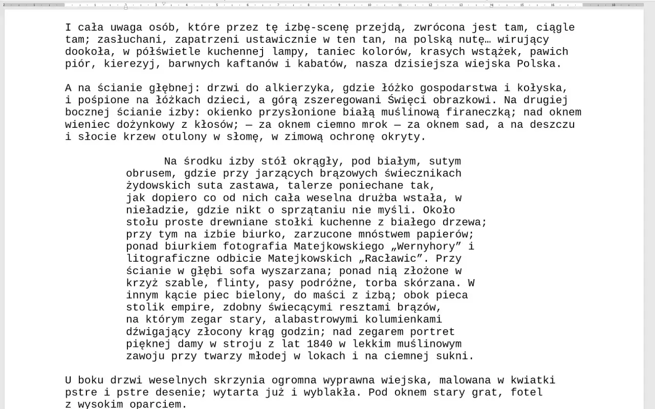 Wnętrze izby z tradycyjnymi elementami, jak stół, łóżko, piec. Opis sceny, jak zrobić akapit w Wordzie, nie jest związany z obrazem.
