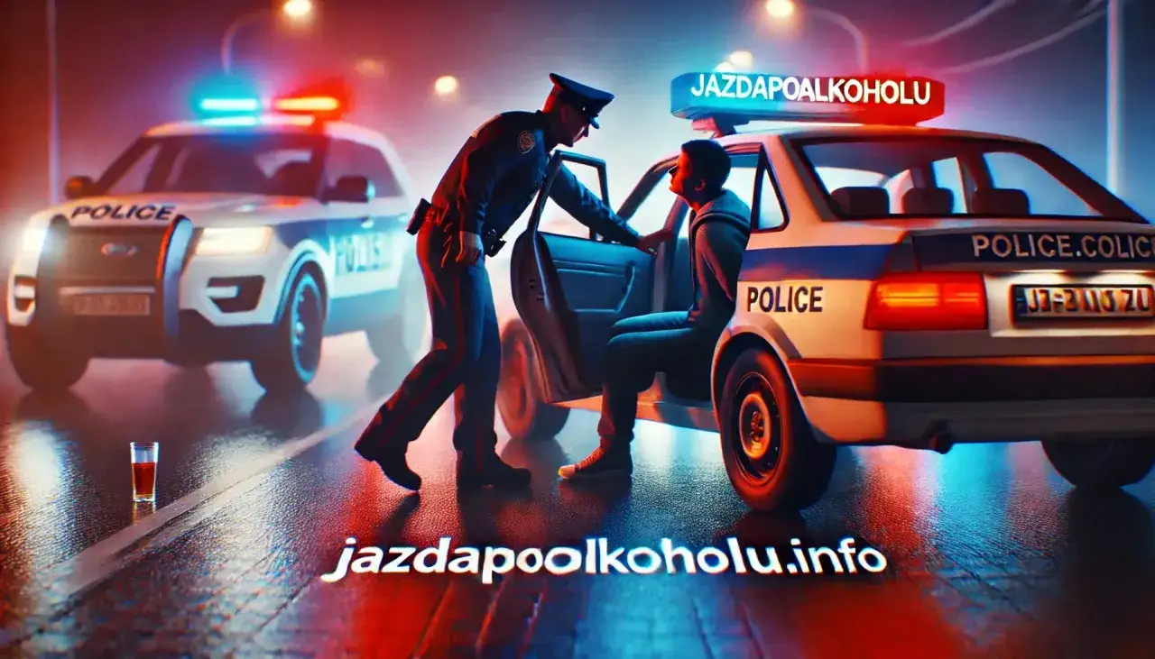 Policjant rozmawia z kierowcą, który może być w stanie po użyciu alkoholu. Na dachu radiowozu napis 