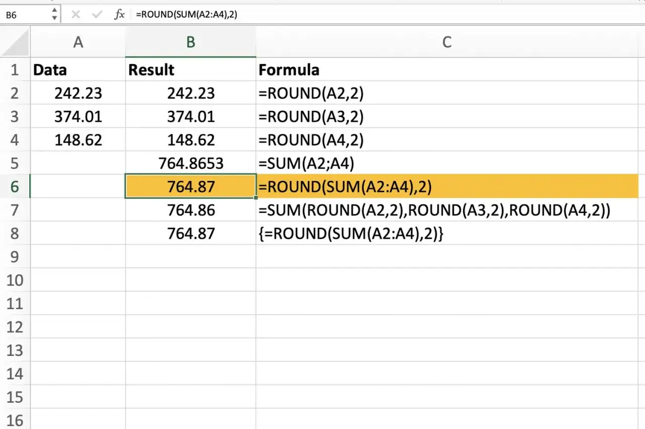 Arkusz kalkulacyjny Excel pokazuje zaokrąglanie liczb. Widać formułę =ROUND(SUM(A2:A4),2) do zaokrąglania sumy.