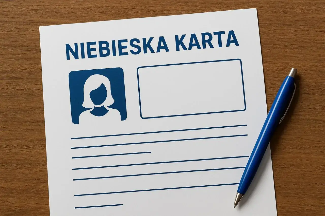 Niebieska karta z miejscem na zdjęcie i dane, obok niebieski długopis. Czy niebieska karta zostaje w papierach?