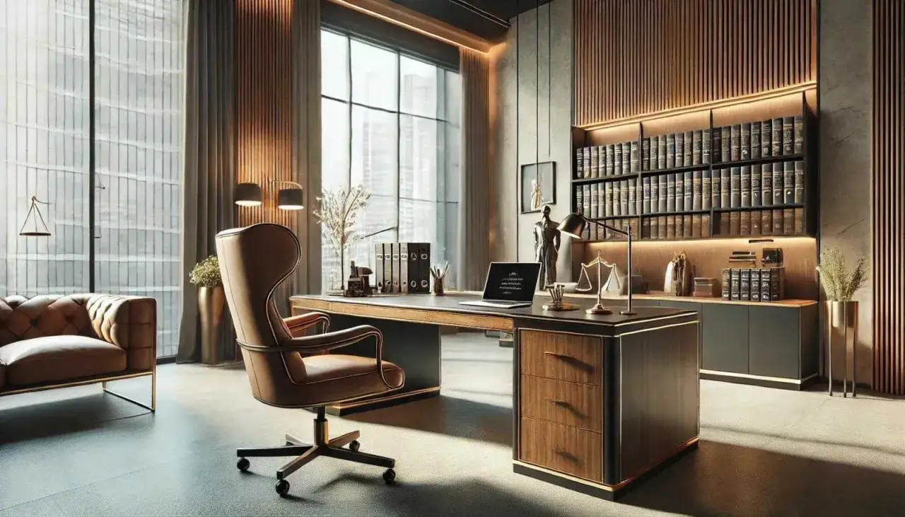 Eleganckie biuro prawnicze z dużą biblioteką, biurkiem, fotelem i sofą.