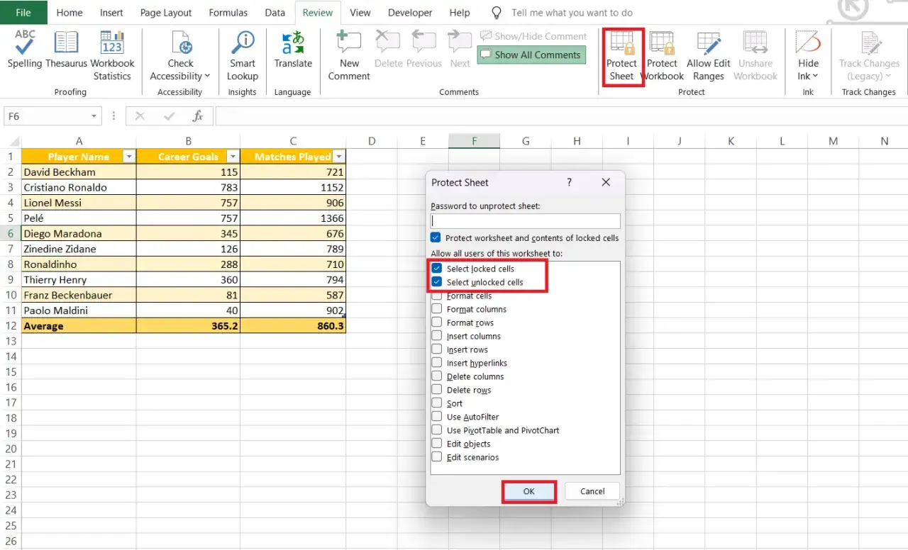 Ochrona arkusza Excel, blokowanie komórek. Zaznaczono opcje