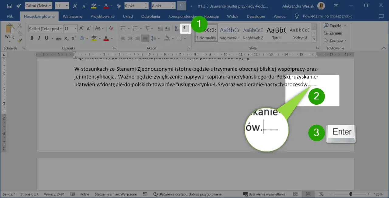 Jak usunąć stronę w Wordzie? Kliknij w pusty akapit (1), naciśnij Enter (2), a następnie klawisz Enter (3).