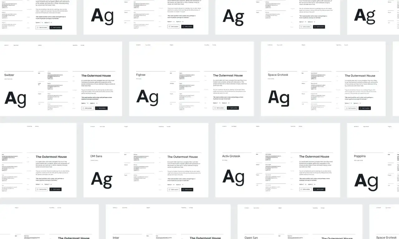 Kolekcja projektów stron internetowych prezentujących różne czcionki bezszeryfowe, takie jak Switzer, Figtree, DM Sans, Activ Grotesk i Poppins, z dużym logo 
