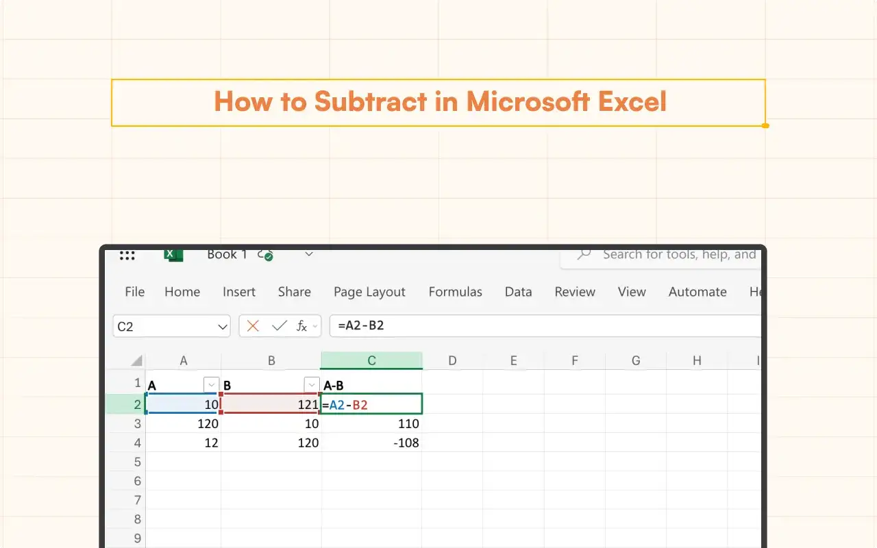 Arkusz kalkulacyjny Excel pokazuje, jak wykonać odejmowanie w Excelu, używając formuły =A2-B2.