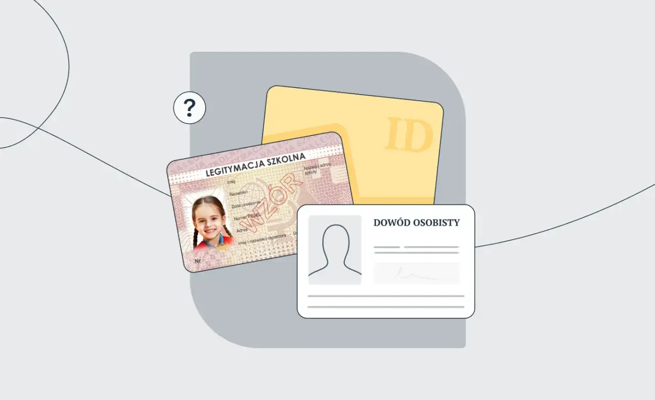 Uśmiechnięta uczennica na legitymacji szkolnej, obok żółta karta ID i wzór dowodu osobistego.
