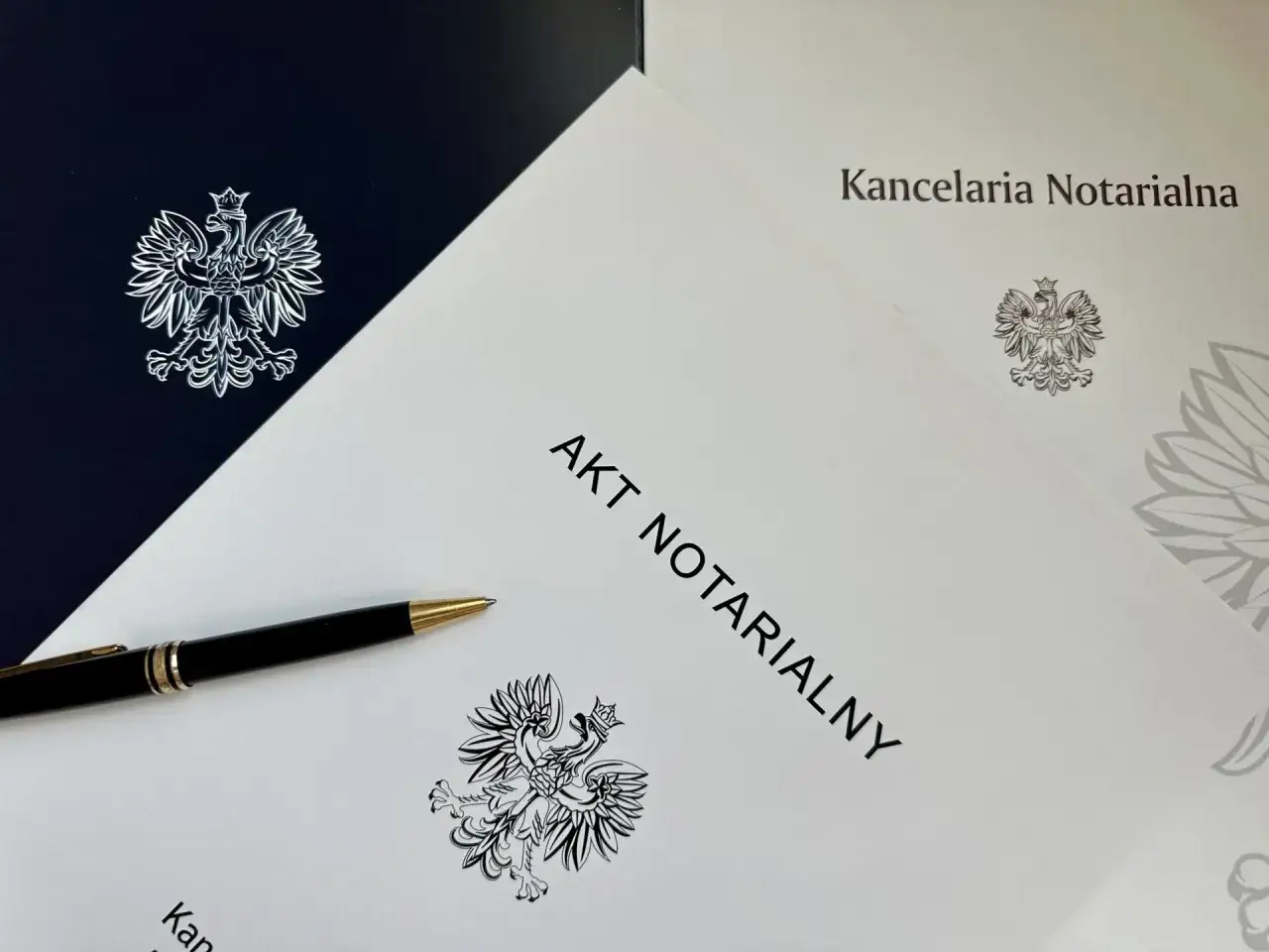 Akt notarialny i długopis. Zastanawiasz się, ile kosztuje porada prawna u notariusza? Dokumenty kancelarii notarialnej z godłem Polski.