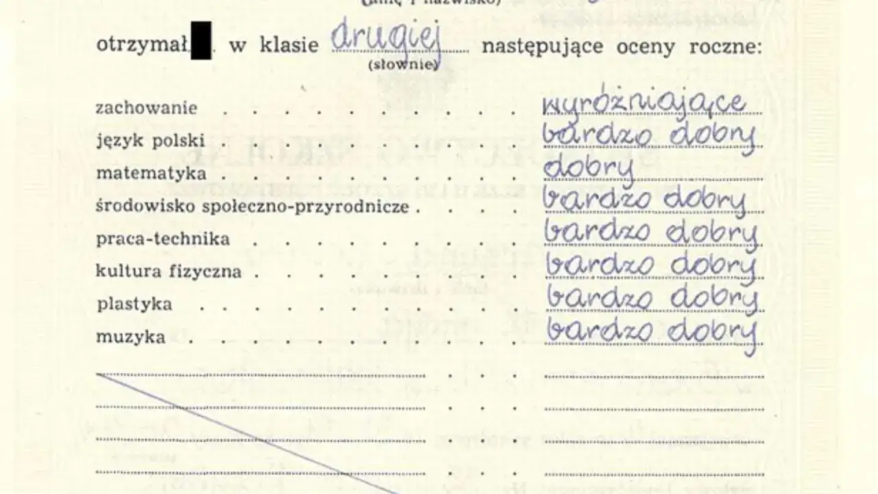 Szkoła ocenia ucznia: zachowanie wyróżniające, język polski bardzo dobry, matematyka dobry. Skala ocen w szkole pokazuje sukcesy.