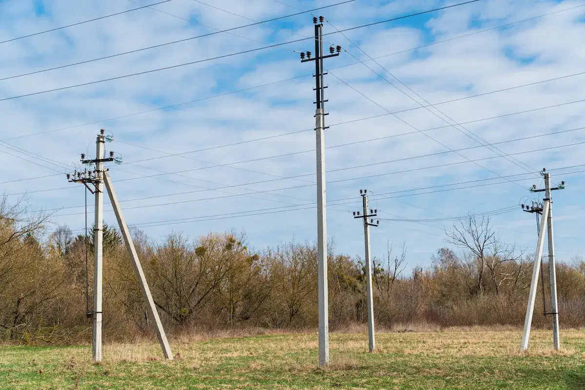 Słupy energetyczne na łące, symbolizujące służebność przesyłu. W tle drzewa i błękitne niebo z chmurami.