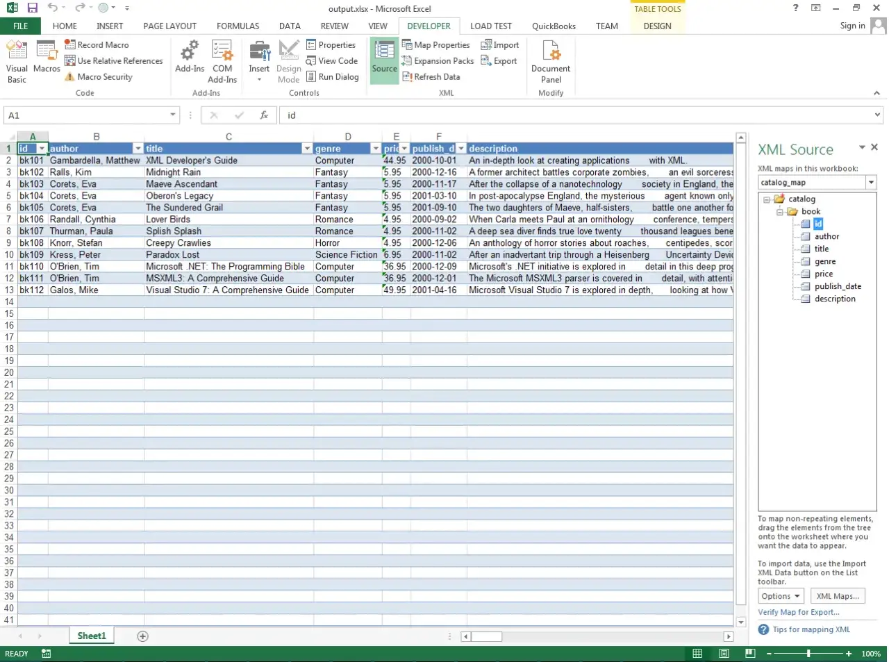 Excel z danymi XML. Widok 