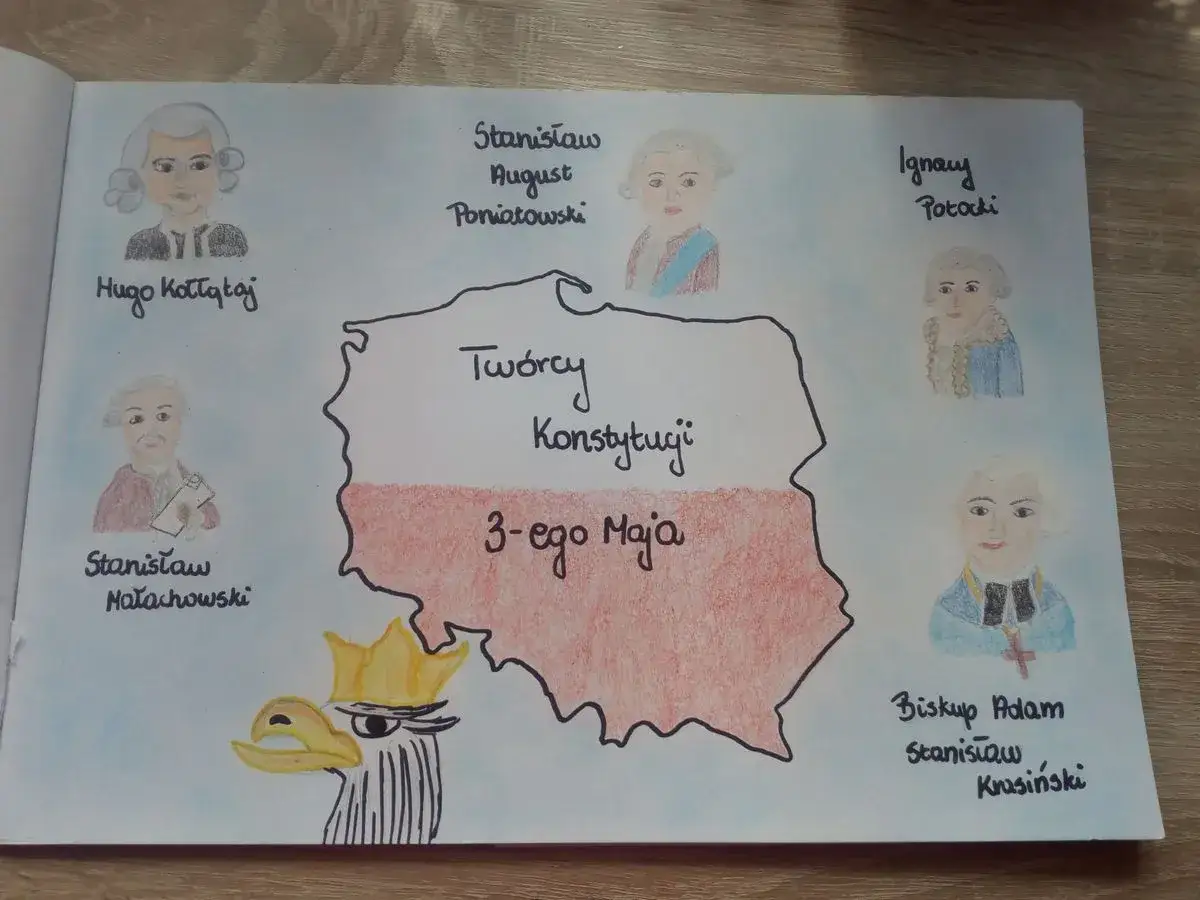 Ilustracja przedstawia twórców Konstytucji 3 Maja. Czy 3 maja można pracować? To święto narodowe, dzień wolny od pracy.