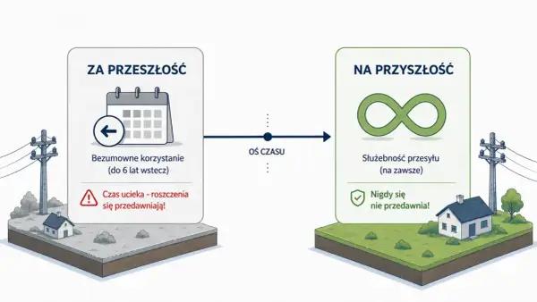 Przeszłość: bezumowne korzystanie z infrastruktury (do 6 lat), roszczenia się przedawniają. Przyszłość: służebność przesyłu na zawsze, nigdy się nie przedawnia.