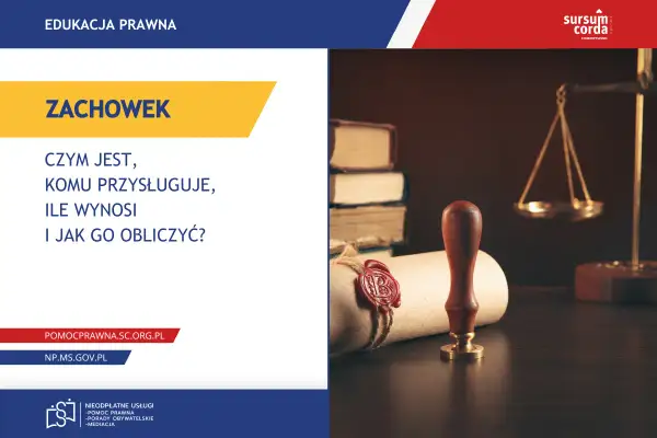 Zachowek: czym jest, komu się należy i jak go obliczyć? Obraz przedstawia symbole prawa: wagę, pieczęć i księgi.