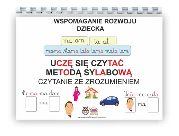 Pomoc w nauce czytania metodą sylabową. Dziecko uczy się czytać ze zrozumieniem, ćwicząc sylaby "ma", "am", "ta", "at".