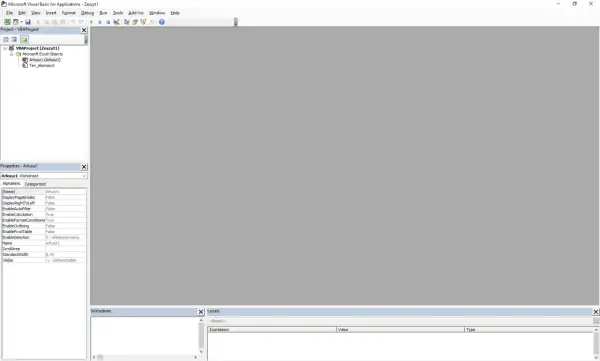 Okno edytora VBA z projektem, arkuszem i jego właściwościami. Widoczny jest panel "Project - VBAProject", "Properties - Arkusz1" oraz okna "Immediate" i "Locals".