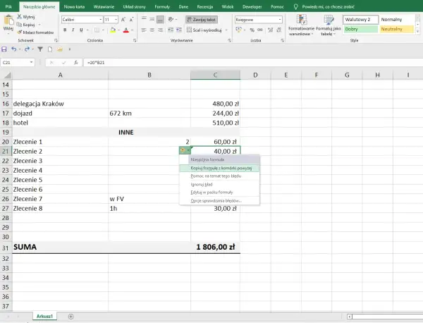 Excel formuły: kopiowanie formuły z komórki powyżej, błąd niespójności formuły w arkuszu kalkulacyjnym.