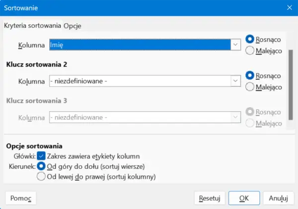 Okno dialogowe sortowanie w Excelu. Ustawianie kryteriów sortowania danych, np. po kolumnie "Imię" rosnąco.