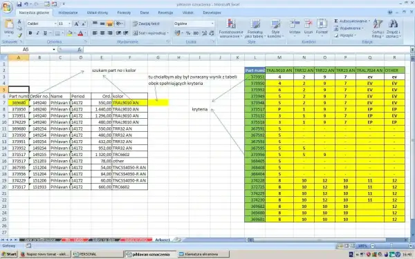 Tabela Excel z danymi, gdzie szukam part no i koloru, a obok wyniki spełniające kryteria. x.wyszukaj.