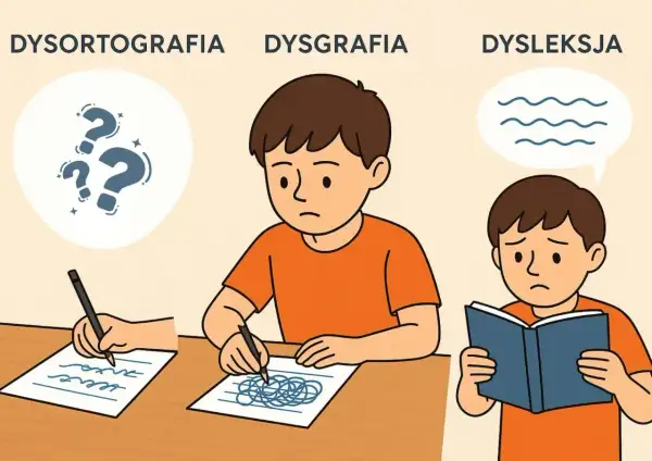 Chłopcy zmagają się z dysleksją rozwojową: jeden ma problem z pisaniem, drugi z czytaniem, a trzeci z ortografią.