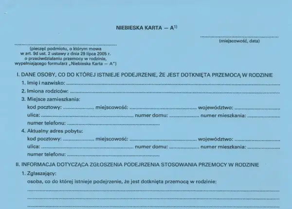 Formularz "Niebieska Karta" zawiera dane osoby, co do której istnieje podejrzenie, że jest dotknięta przemocą w rodzinie. Czy niebieska karta zostaje w papierach?