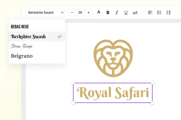 Edytor tekstu z menu wyboru czcionek, gdzie widoczny jest font "Berkshire Swash", idealny do stworzenia eleganckiego znaku wodnego dla "Royal Safari".