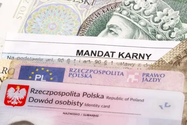 Mandat karny, prawo jazdy i dowód osobisty na tle banknotu. Dokumenty te mogą być podstawą do uprawomocnienia wyroku.