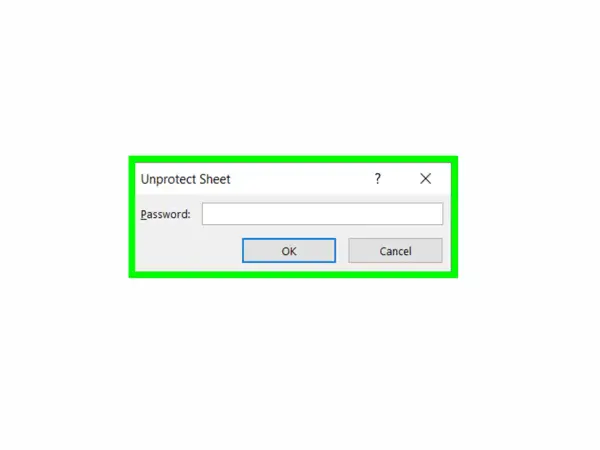 Okno dialogowe "Unprotect Sheet" z polem "Password" do wpisania hasła, aby wyłączyć ochronę arkusza Excel.