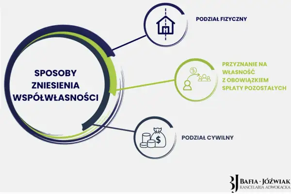 Grafika przedstawia sposoby zniesienia współwłasności nieruchomości: podział fizyczny, przyznanie na własność z obowiązkiem spłaty oraz podział cywilny.