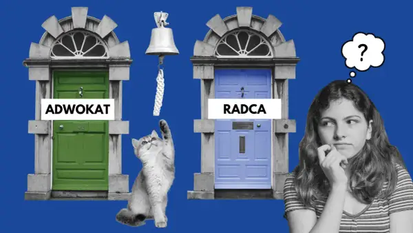 Kot sięga do dzwonka przy zielonych drzwiach "Adwokat", obok niebieskich drzwi "Radca" i zamyślonej dziewczyny.