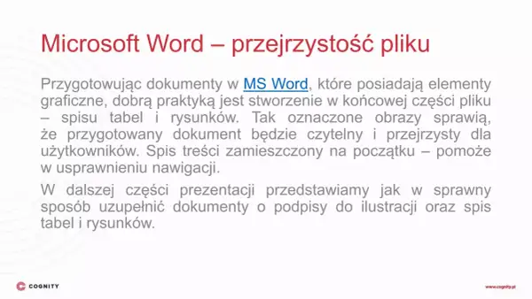 Tworzenie przejrzystych dokumentów w MS Word. Dobrą praktyką jest spis tabel i rysunków, co ułatwia nawigację.