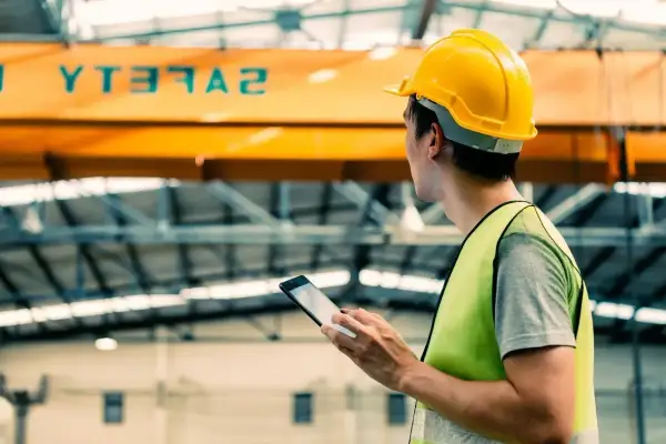 Pracownik w żółtym kasku i kamizelce odblaskowej z tabletem. Nad nim napis SAFETY. Jaki akt prawny reguluje podstawowe obowiązki pracodawcy w zakresie bhp?