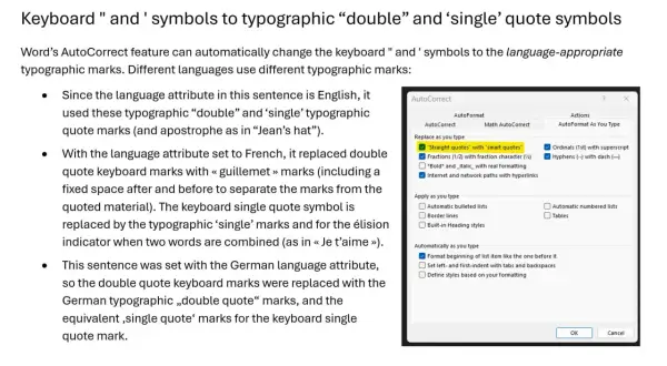 Ustawienia AutoPoprawki w Wordzie, pokazujące jak zamieniać cudzysłowy klawiaturowe na typograficzne, w tym apostrof w "Jean's hat".