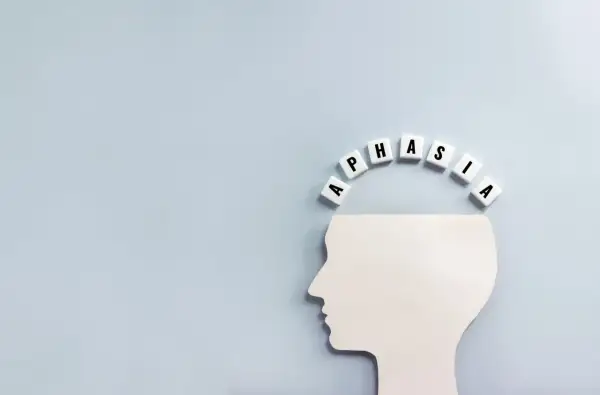 Biały profil głowy z literami tworzącymi słowo "APHASIA" nad nim. Obraz symbolizuje, co to jest afazja – trudności z mową i rozumieniem.