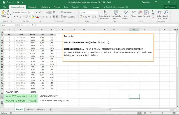 Excel pokazuje formułę ODCH.STANDARDOWE do obliczeń statystycznych.