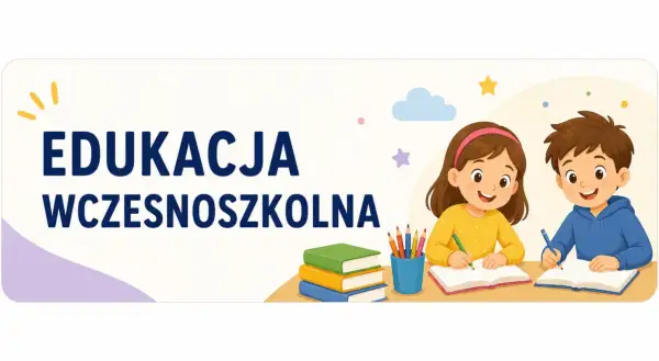 Dzieci uczą się, pisząc w zeszytach. Ilustracja promuje edukację wczesnoszkolną.